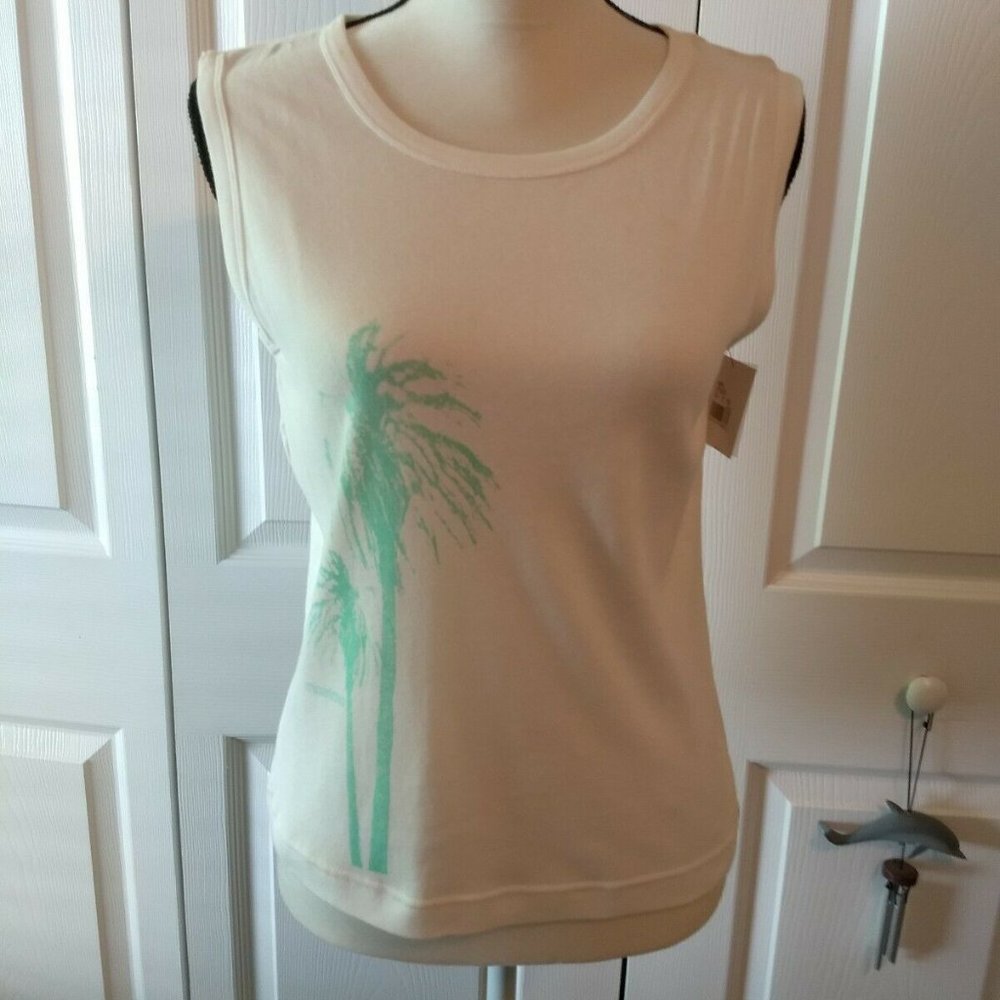 Mossino Supply Company White Sleeveless Top w/ Green Palm Trees Size L